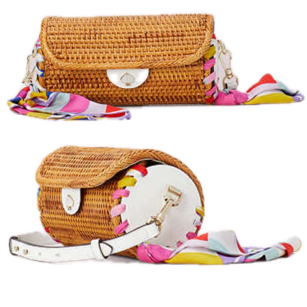 Kate Spade Woven Tan Crossbody Bag with Colorful Scarf